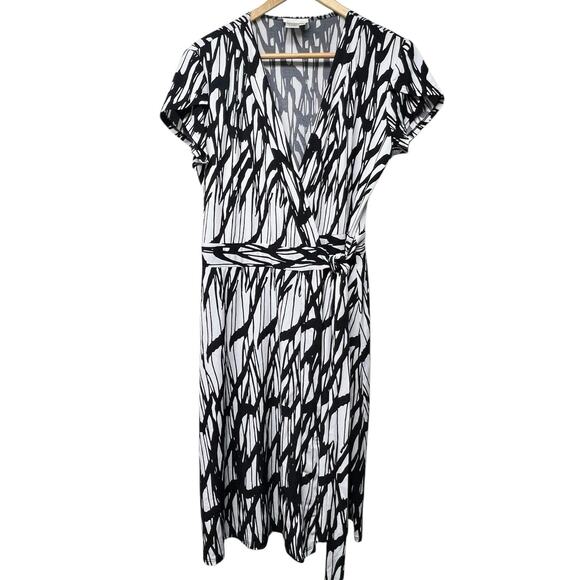 Donna Morgan Black White Print Short Sleeve True Wrap Jersey Knit Dress Size 12 - Picture 1 of 4